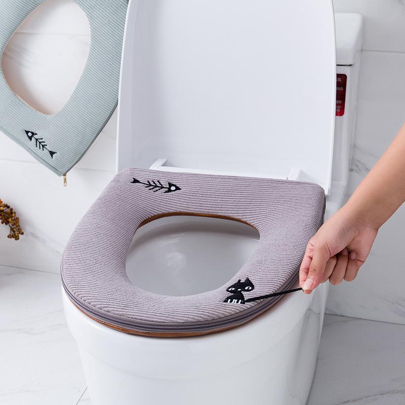 Bathroom Accessories Toilet Seat Cover Zipper Universal Toilet Cushion Household Warm Soft Toilet Seat Cover Winter WC Mat