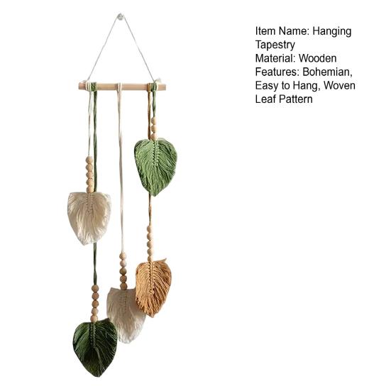 Handmade Bohemian Hanging Tapestry, Wooden Beads Woven Cotton Rope Leaf Tapestry, Living Room Bedroom Wall Art Decoration