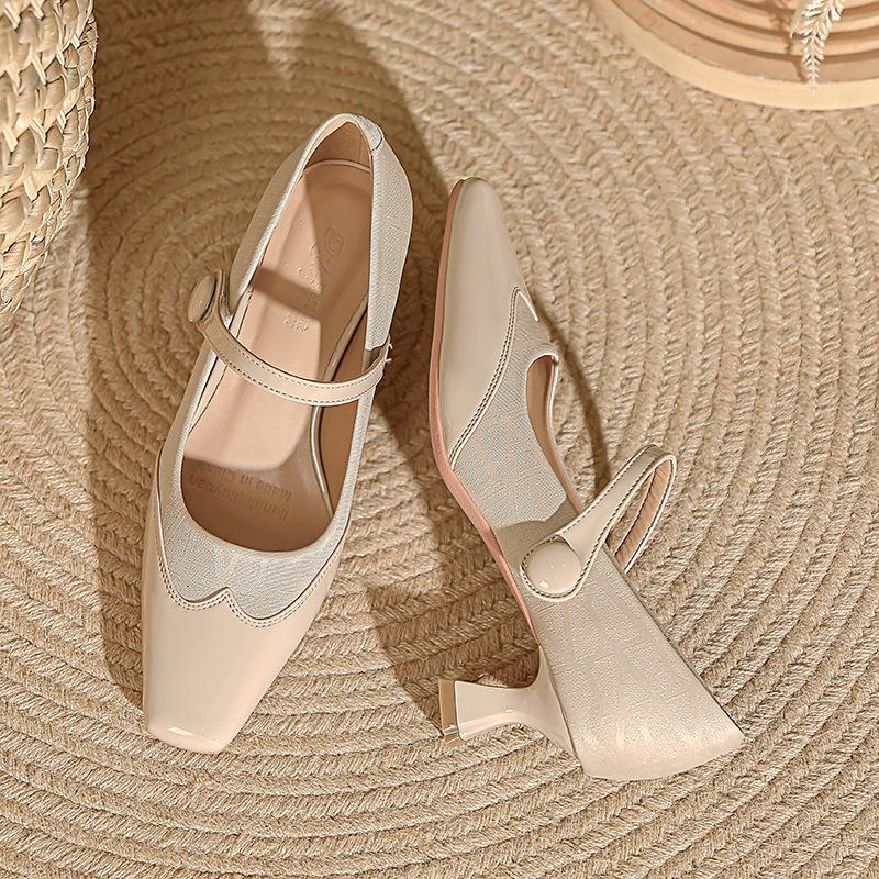 Xiaoxiangfeng Mary Jane Shoes Magic Buckle with Square Head High Heels Thin Heel Spring and Autumn Splicing French Medium Heel Single Shoes