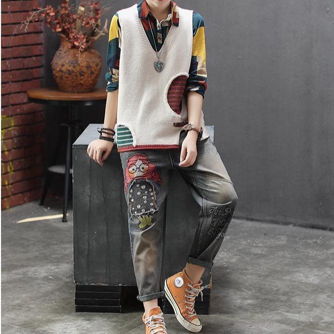 Autumn Winter Women's Loose Knitted Vest Sleeveless Vest Literary Color-block V-neck Pullover Knit Waistcoat