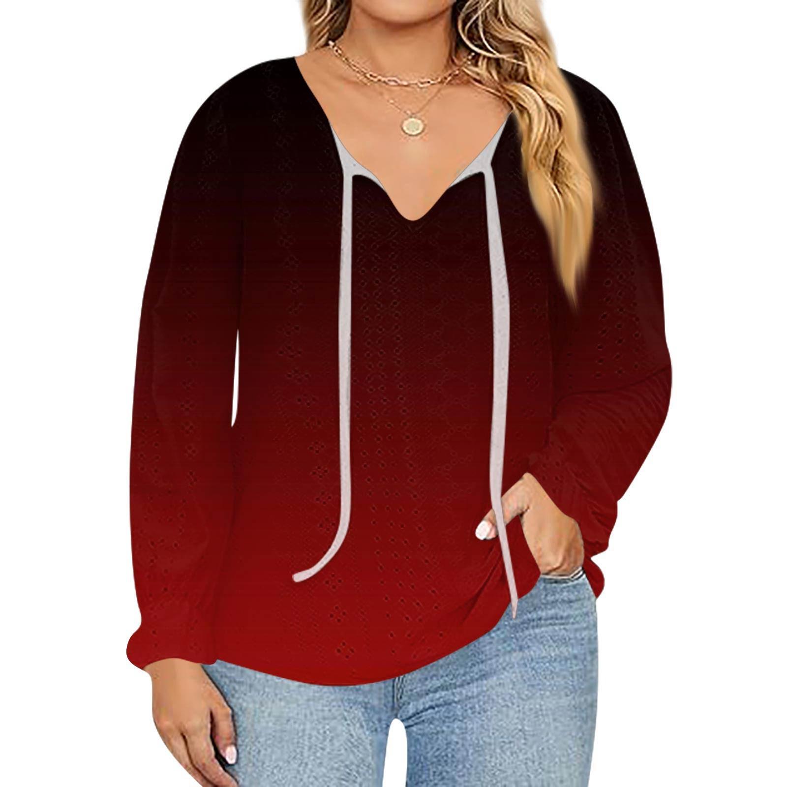 

Женский модный топ с принтом, повседневный, с V-образным вырезом и длинным рукавом XL винный