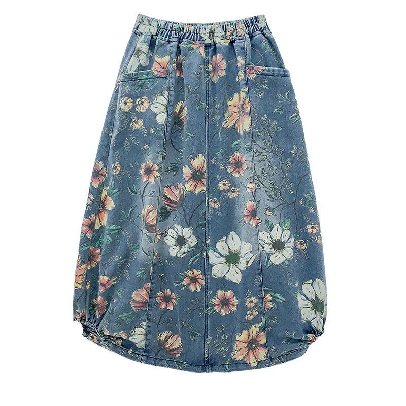 Vår Høst Kvinner Midi Denim Skjørt Elastisk Midje Blomstertrykk Vintage Skjørt Retro Elegant Dameskjørt Med Lommer