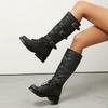 Dreireihige Metallschnalle Krawatte Runde Zehenpartie Dicker Absatz Retro Westernstiefel Atmungsaktives Innenfutter Herbst Neu Kniehohe Stiefel