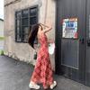 French high-end lace v-neck red plaid suspender dress for women's summer waist vacation style hip-wrapped long skirt