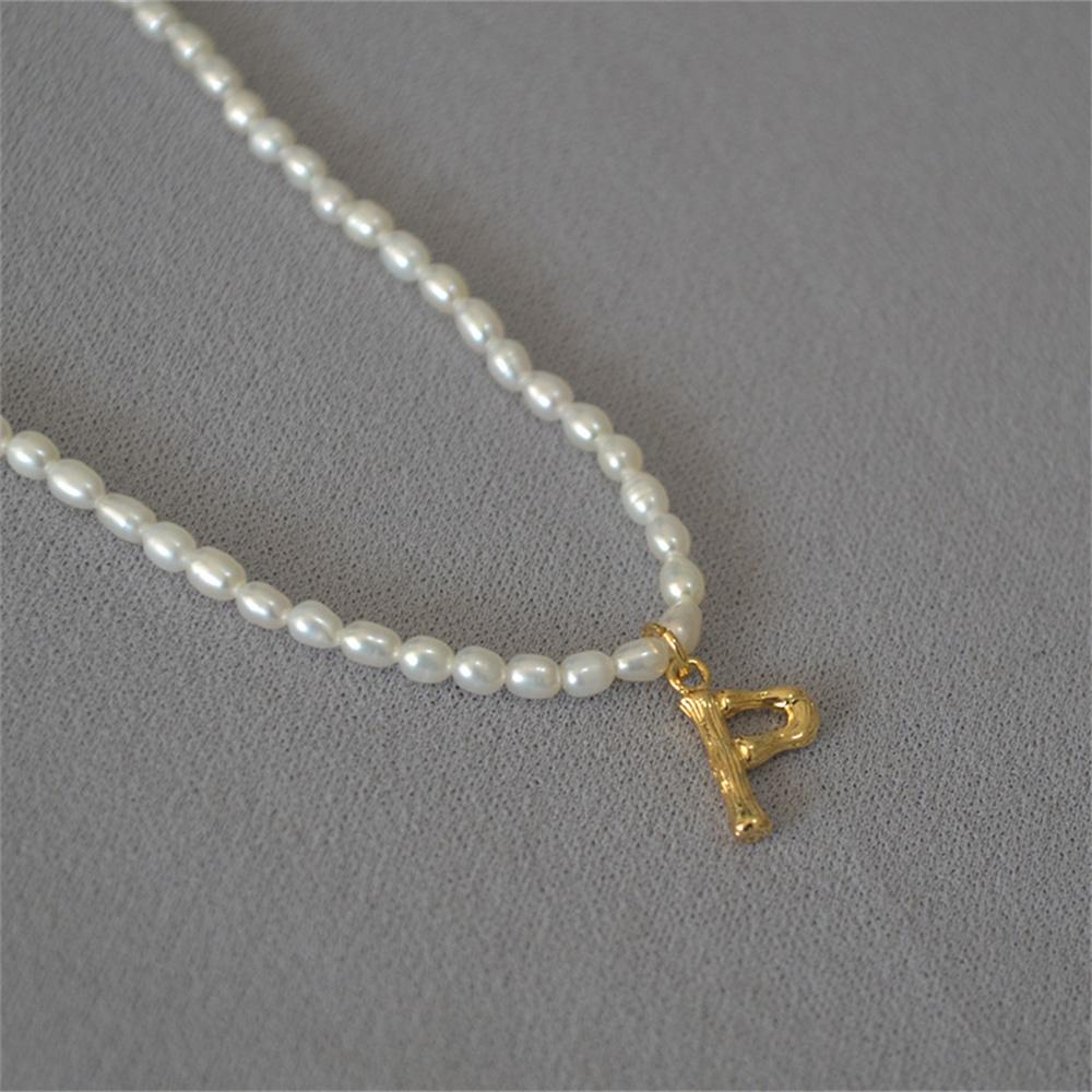 French Vintage Oval Artificial Pearl Chain Necklace For Women Fashion Boho Gold-plate Metal Tree Texture Letter Pendant Jewelry