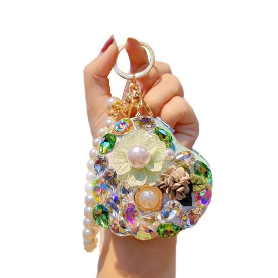 Folding Mirror Keychain Ladies Double-Sided Make-up Mirror with Faux Pearl Chain Rhinestone Mirror Pendant for Travel Touch-ups Bag Accessory