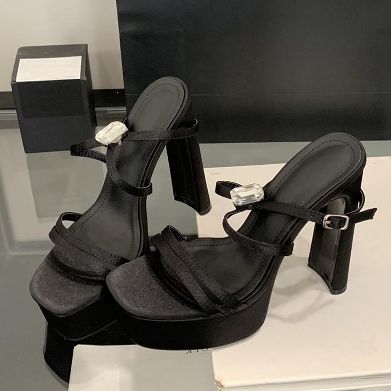 Fashion Liyke Summer Solid Black Silk Platform Sandals Women Sexy Thick Bottom Square Toe Diamond Designer High Heels Banquet Party Shoe