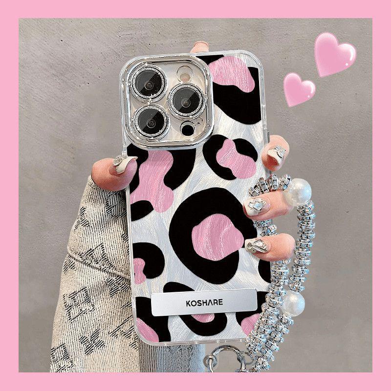 Niche Sweet Cool Black Pink Leopard Print Feather Yarn Suitable for Iphone16promax Mobile Phone Case Holder Apple 15 Protective Cover