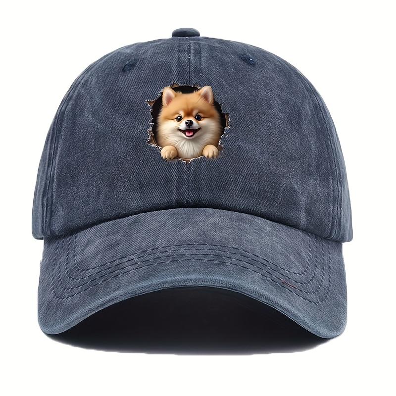 A Realistic And Adorable D Pomeranian Dog Baseball Cap for Women Featuring a Cute Plush Pet Peeking Through a Wall Window Des