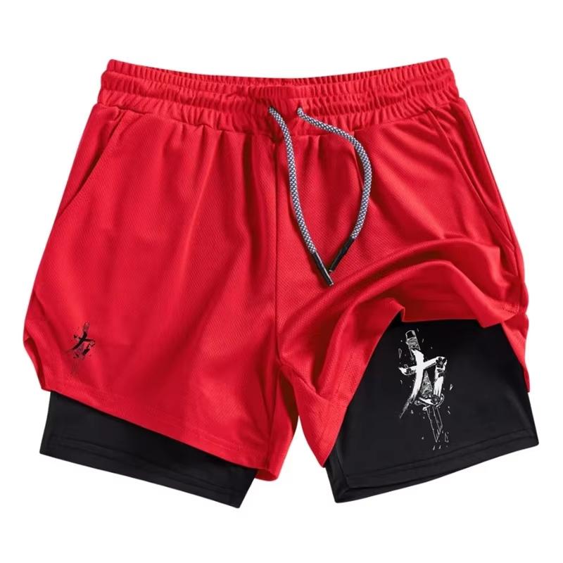 Men's 2-in-1 Running Training Sword Pattern Breathable Quick Drying Sports Shorts with Mobile Pocket Gym Shorts 10106