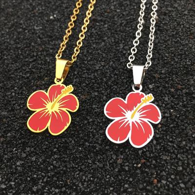 Puerto Rico Popular Children's Stainless Steel 18K Gold Plated Trendy Link Hibiscus Flower Charm Pendant Necklace Hawaiian Gift