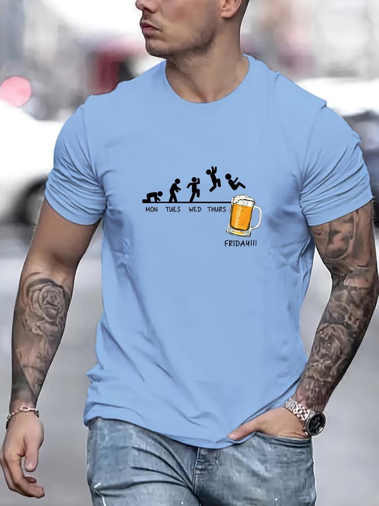 Summer Men's 100% Cotton Casual Loose Size Jumping In Beer Print Round Neck Short Sleeved T-shirt Top