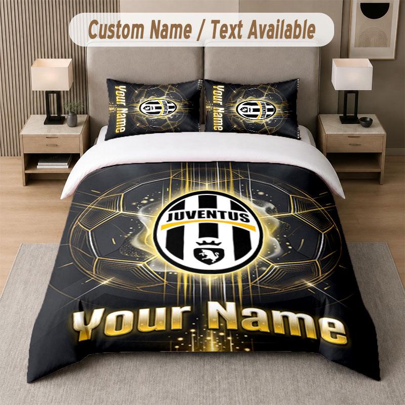 Custom Bedding Set Juventus FC Pattern, Print Name Text 1 Duvet Cover Plus 2 Pillowcases Home Textile