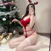 Sexy Christmas Lingerie Deep V Bodysuit with Pom-Poms, Perfect for Cosplay & New Year's Pajamas