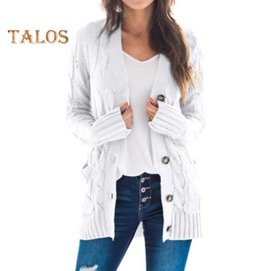 Dámský svetr bunda s dlouhým rukávem, zapínání na knoflíky, zimní kabát s kapsou, jednobarevný svetr s volným střihem