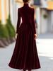 Vestido Largo de Terciopelo Dorado con Cuello Alto, Mangas Abullonadas y Cintura Ajustada para Mujer – Elegante Falda Amplia de Otoño/Invierno.