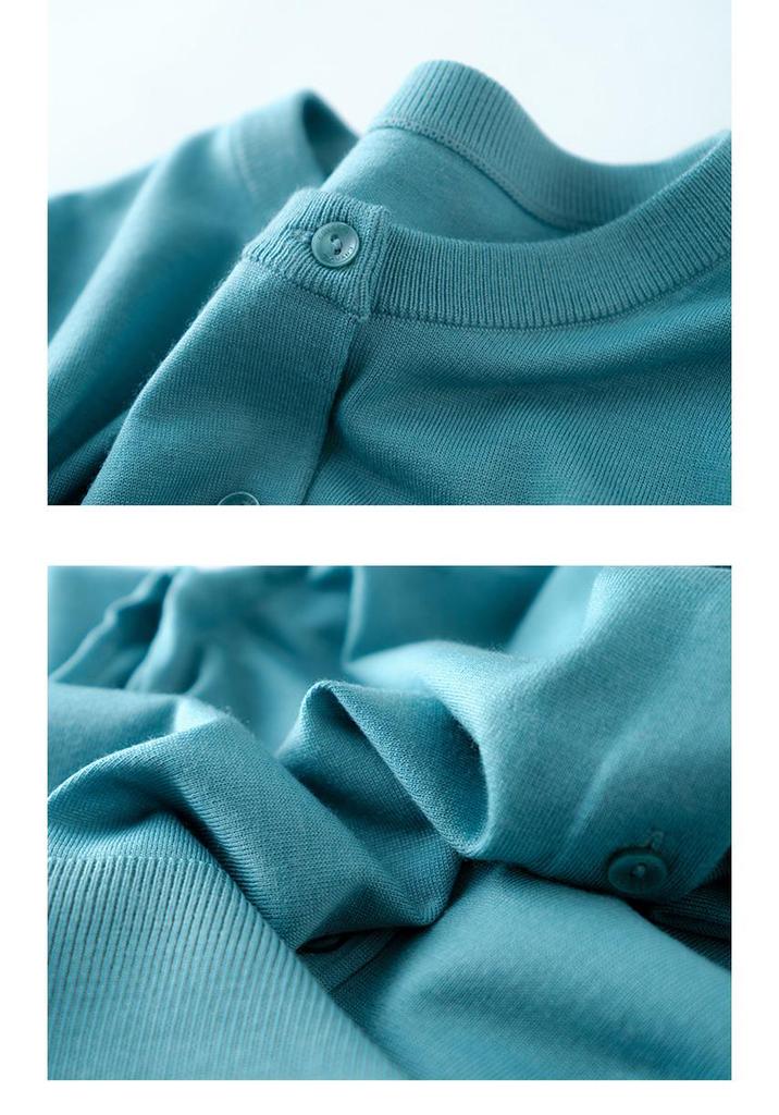 2026 Women's Elegant Fine Wool Cardigan - Loose, Slimming, Round Neck, Solid Color, Single-Breasted Outerwear