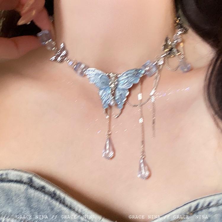 Těžký průmysl Modrý Křišťálový Motýl Třásně Náhrdelník Dámský 2025 Nový Řetízek na Klíční kost