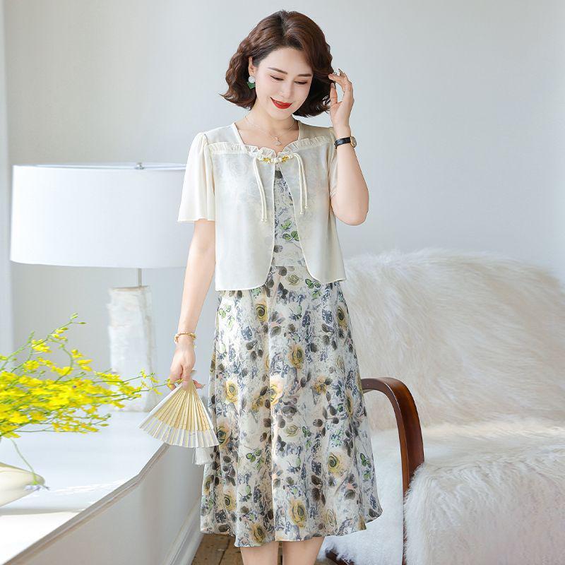 Elegant Summer Maternity Chiffon Two-Piece Dress - Slimming, Over-the-Knee, Short-Sleeved Skirt