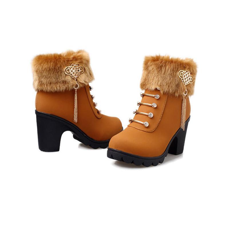 Women's Boots High-heeled Shoes Snow Boots Winter Fur Thick Ankle Boots Plus Velvet Cotton Shoes