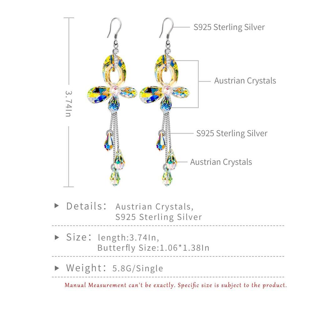 925 Sterling Silver Handmade Unique Dazzling Butterfly Earrings with Aurora Borealis Austrian Crystals  Long Tassels Boho Dangle  Ideal Jewelry Gift