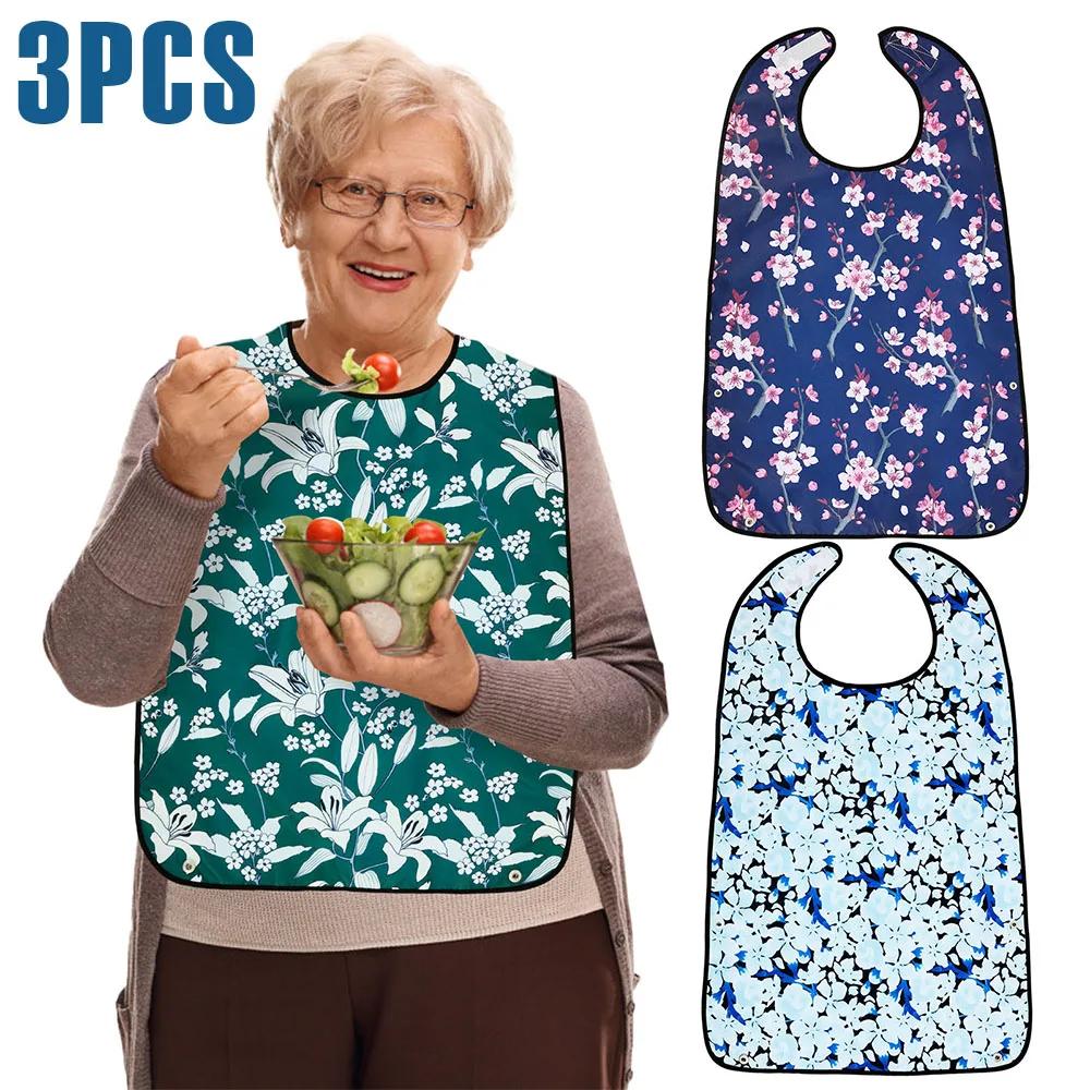 3 Pcs Adult Bib Polyester Waterproof Clothing Protector with Crumb Catcher Exquisite Floral Design Washable Elderly Eating Bib