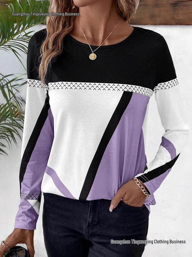 New Arrival Women's Pullover Round Neck Geometric Print Color Block T-shirt