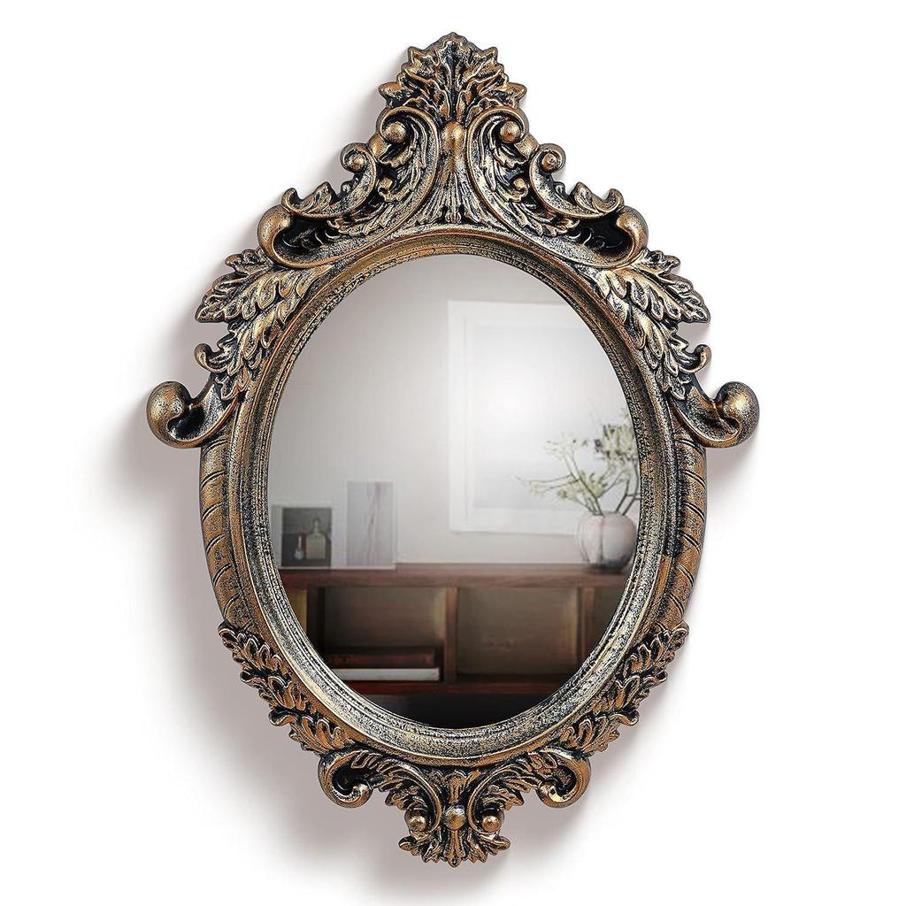 Compressed Wooden Frame Vintage Wall Mount Mirror Makeup Elegant Hanging Glass Living Room Bedroom Bathroom Basin Home Decor (64x46 Cm)