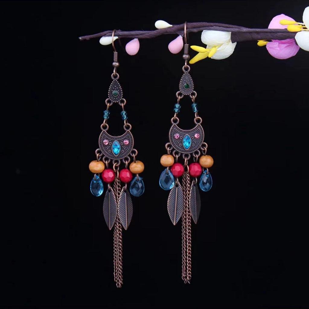 Bohemian Turquoise Owl Dream Catcher Tassel Earrings for Women
