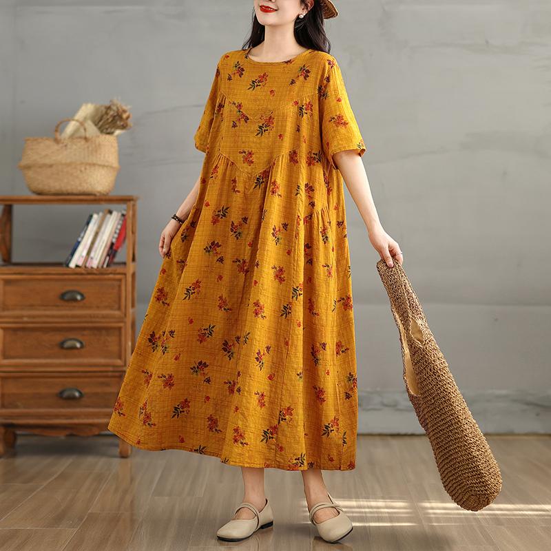 Dimanaf 2025 Women Plus Size Spring Summer Dress Casual Floral Dress Basic Vintage Loose Long Dress Maxi 9302