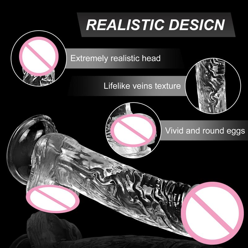 Realistic Soft Dildo for Women Beginner Transparent Penis with Strong Suction Cup Hands-Free Play for Adult Sex Masturbator