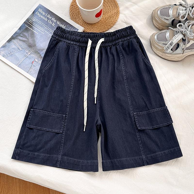 

Теннисные джинсовые шорты для женщин Летом Новые С высокой талией Бедра Ледяной шелк Широкие штанины Пятиточечные штаны XL темно-синий