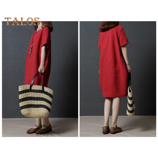 Lady Summer Dress O Neck Short Sleeves Pure Color Loose Side Pockets Knee Length Pullover Casual Commute Midi Dress