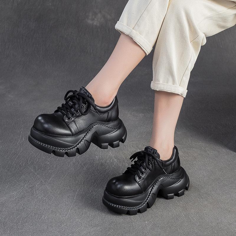 Women's Autumn Vintage British Style Platform Shoes - Top Layer Cowhide Lace-Up Casual Shoes with Round Toe, Comfortable Low-Top Shoes