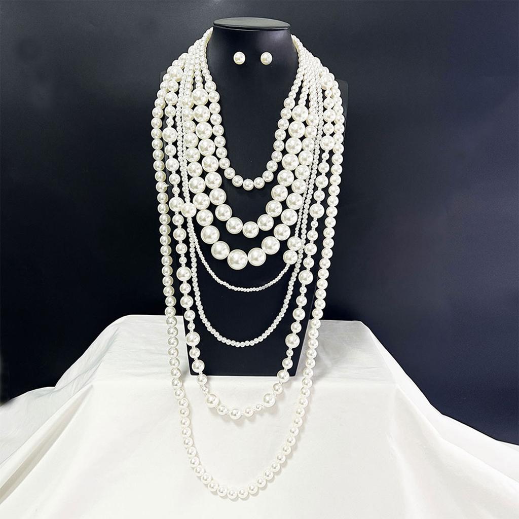 Trendy Geometric Design 7 Layer Pearls Chain Statement Jewelry Set Vintage Fashion Pears Jewelry Suitable For All Season