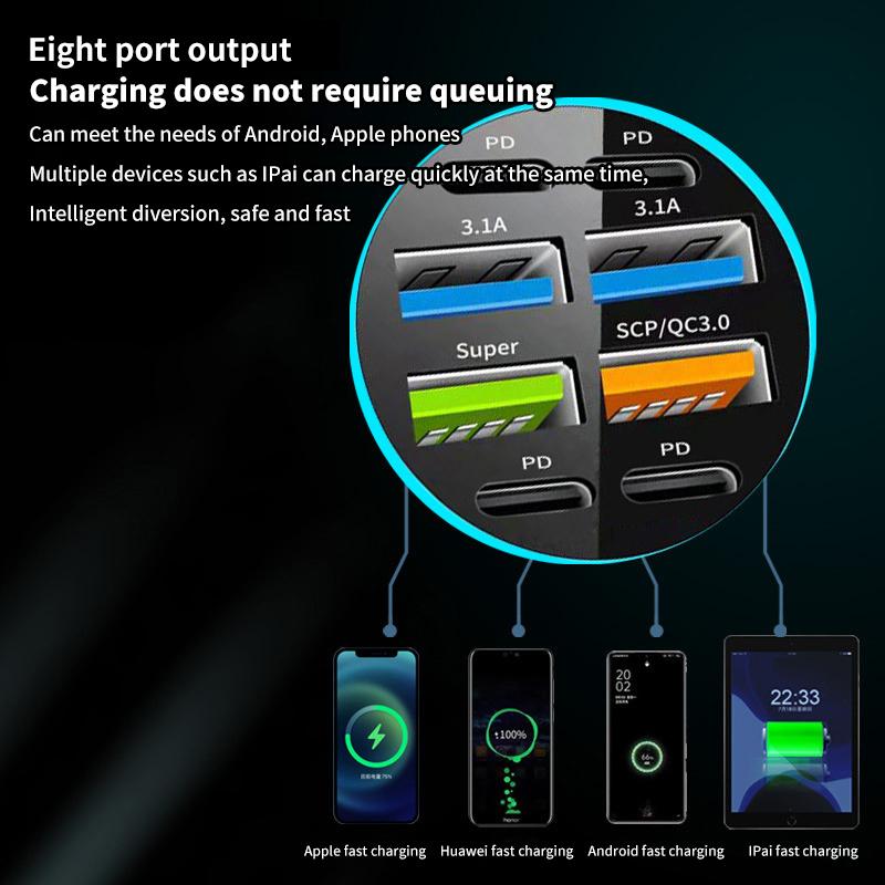 8-Port Car Charger 4Usb+4Type-C Pd Fast Charging Truck Vehicles Phone Adapter For Iphone Android Phone Laptop Tablet For Macbook