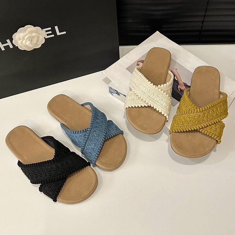 Roman woven cross slippers 2025 summer gentle fairy bohemian vacation beach slope heel cool slippers