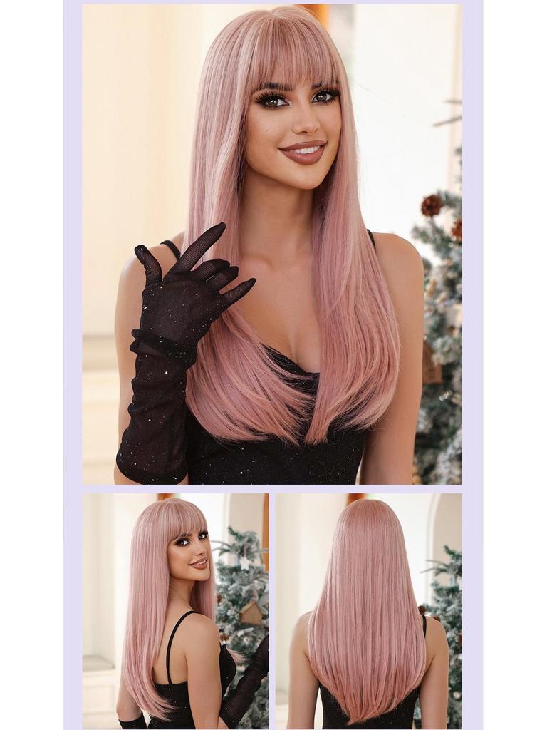 Perruque brune longue et lisse avec frange: Ensemble de tête complète de style européen et américain, à la mode et naturel