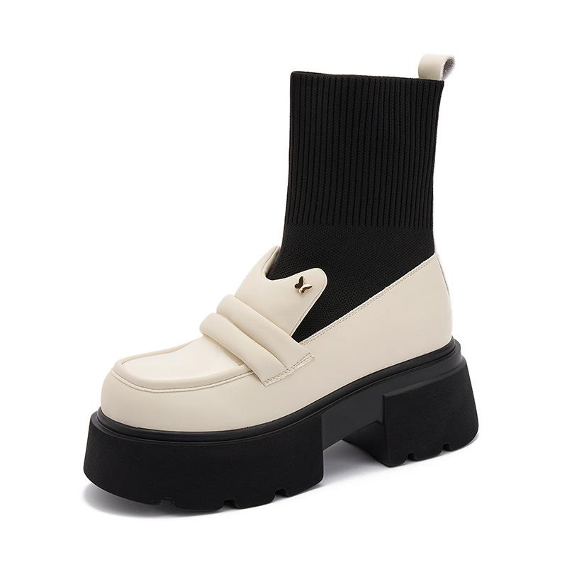 

Женские лоферы на платформе 2025 весна новинка средняя голенище эластичные носки ботинки один педаль толстый каблук британские увеличивающие рост маленькие кожаные туфли 39 бежевый