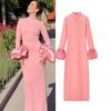 Women's Mock Neck Long Sleeve Flare Cuff Maxi Dress Slim Fit Solid Color Elegant Bodycon Long Dress