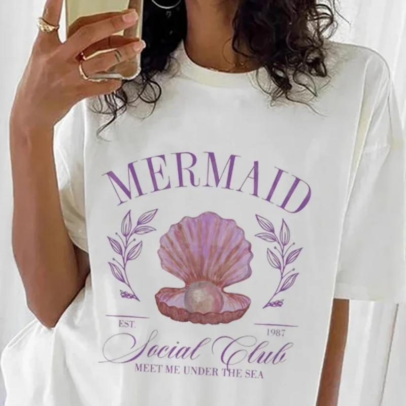ZX TEE Women's Beach Holiday Mermaid Social Club Cartoon Short Sleeved Sweet Summer Fashion Versatile Print Cute Clothes Top T-Shirt.