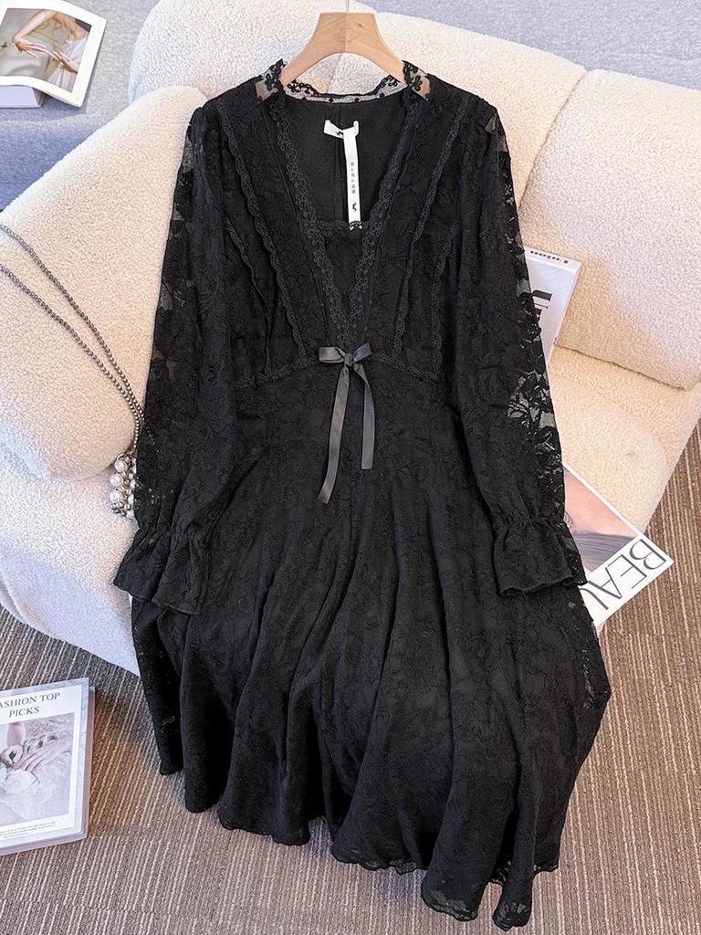 Plus Size Women's Lace Dress with Velvet Lining - Autumn/Winter, Elegant Slimming Skirt for 130-300 lbs