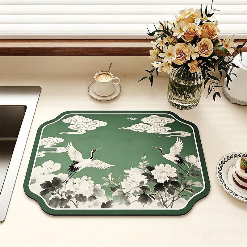 Chinese-Style Irregular Flower & Bird Diatom Mud Coffee Mat: Stain-Resistant, Easy-Clean, Non-Slip Kitchen Draining Mat