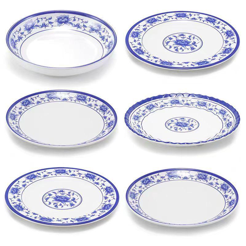 Plato redondo de melamina azul y blanca - Imitación de porcelana gruesa, ideal para salteados, arroz y uso en restaurantes.