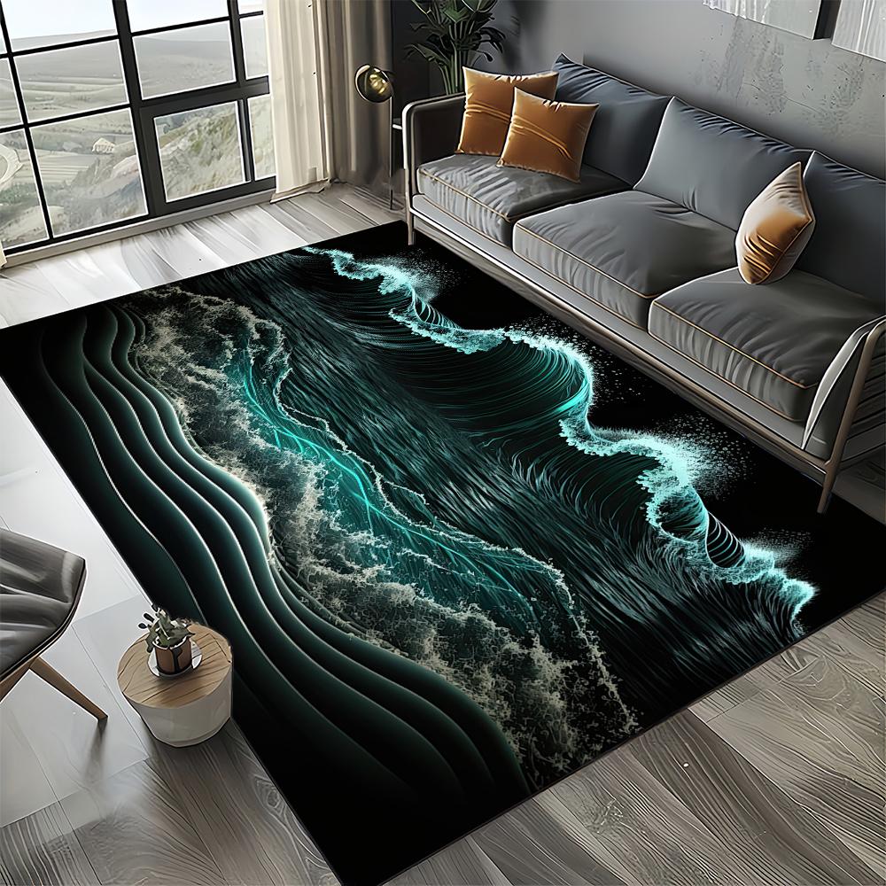 2025 New Style Blue Green Seawater Sea Wave Scenery Carpet Rug for Living Room Bedroom Home Sofa Decoration,Non-slip Floor Mat
