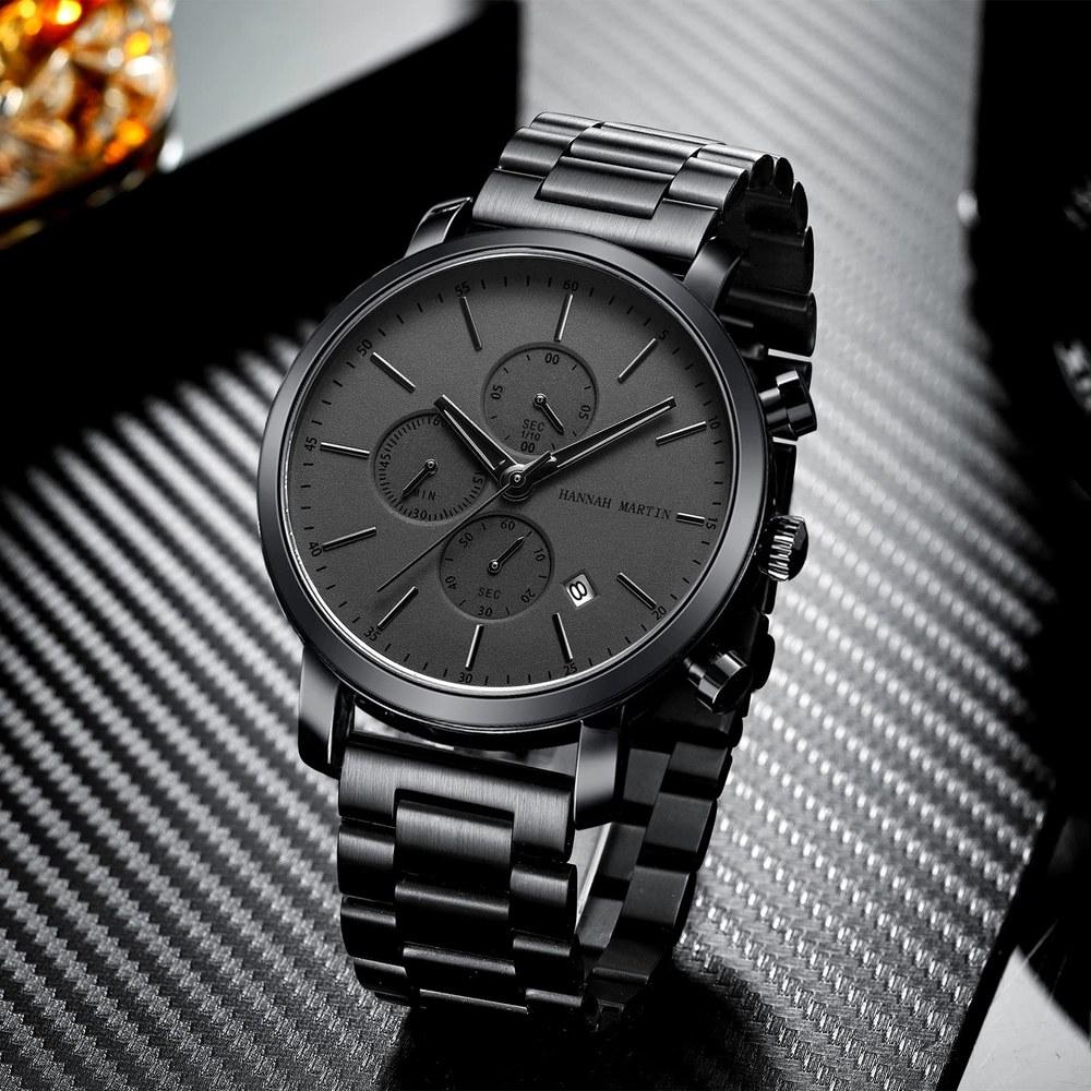 Hannah Martin Men's Stainless Steel Waterproof Analog Quartz Business Chronograph Watch Black