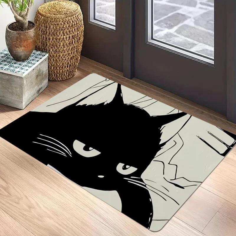Black Cat Door Mat Non-Slip Entrance Way Mats Welcome Mats Rugs Washable Carpet Home Decoration For Indoor Outdoor
