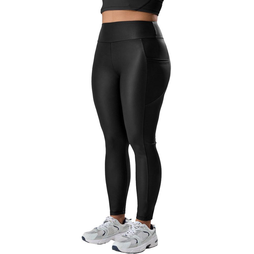 Spodnie ze skóry PU plus size w stylu kieszeniowym, casualowe legginsy z wysokim stanem do jogi i sportu