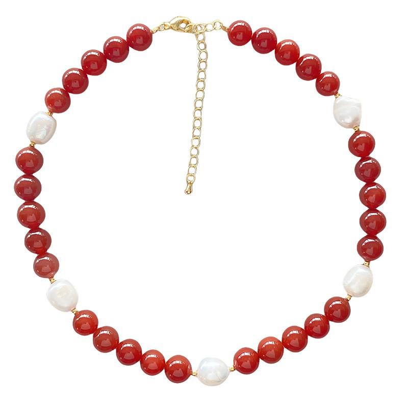 Baroque Freshwater Pearl & Red Agate Beaded Choker Necklace