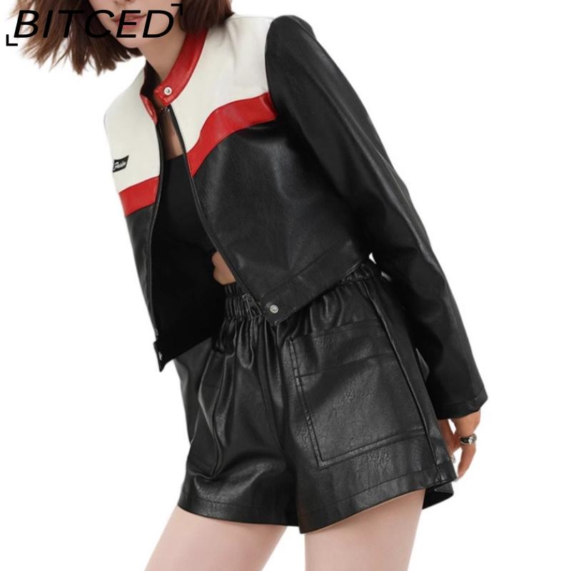 BITCED Women's Color-Blocked Patchwork Biker Jacket Pilot Jacket Short-Length Leather Jacket